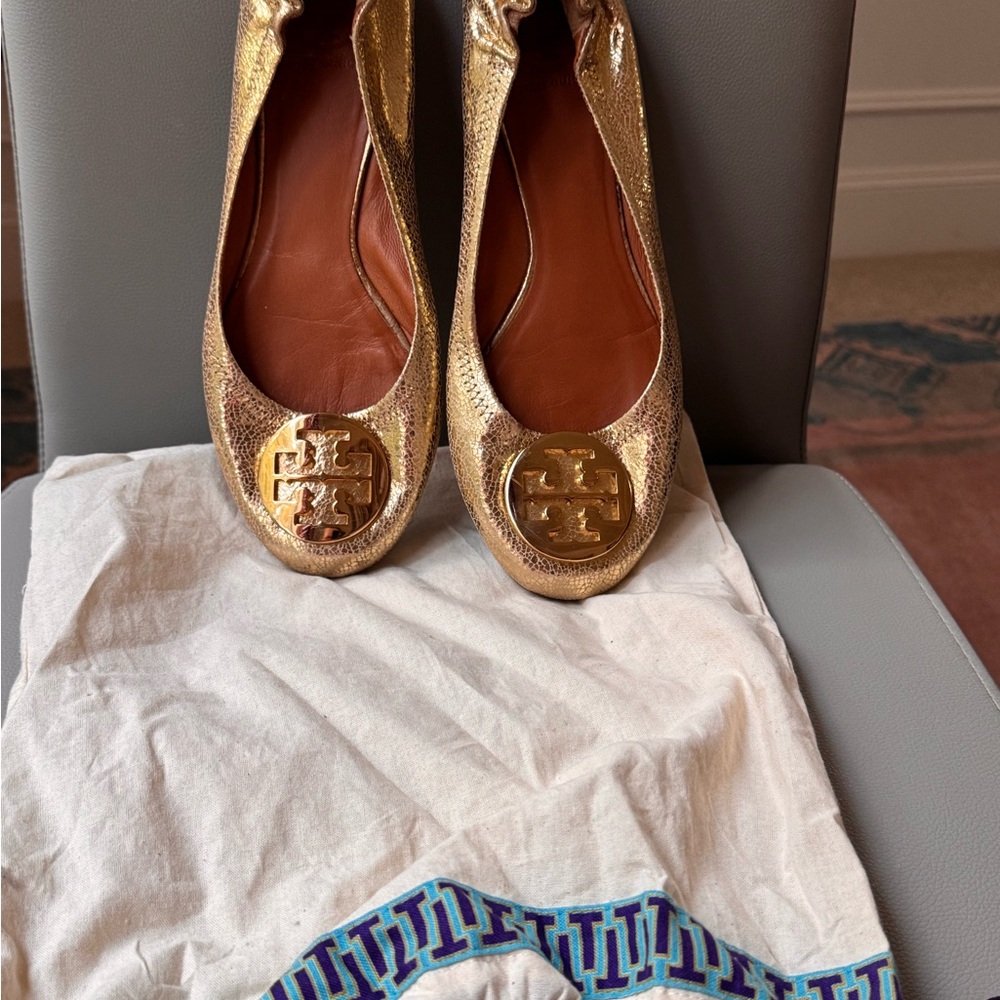 Tory Burch Gold sparkly Reva Ballet Flats,9.5 superb comfort
